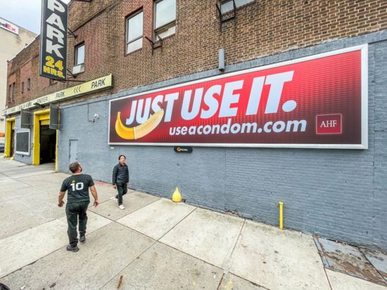 AHF's ‘Just Use It’ billboard campaign now is running in three new cities  New York City, Chicago, and Miami  after several national out-of-home advertising companies refused the artwork back in August. This board is at 575 Washington and W. Houston in NYC. (Photo: Business Wire)